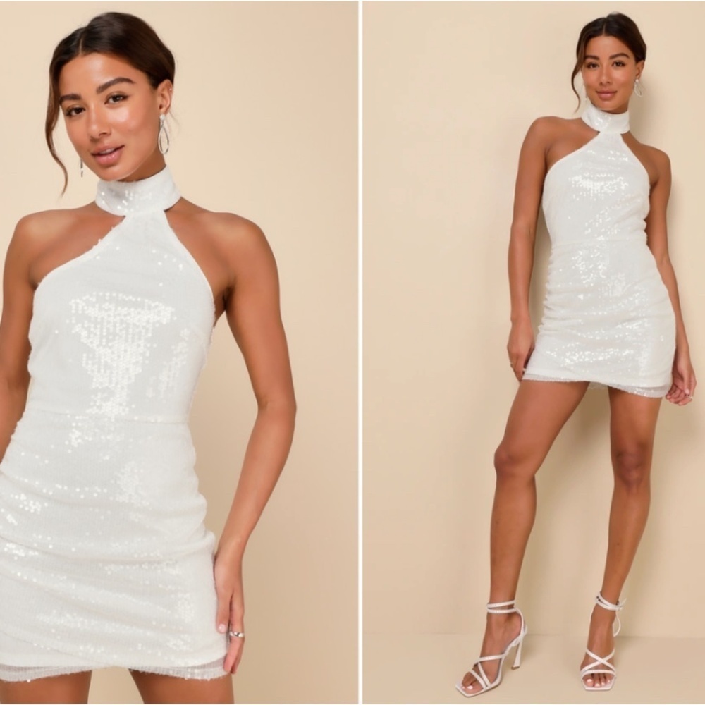 LULUS Bridal Bachelorette Engagement Bridal Shower Sexy Sequin Halter Mini Dress